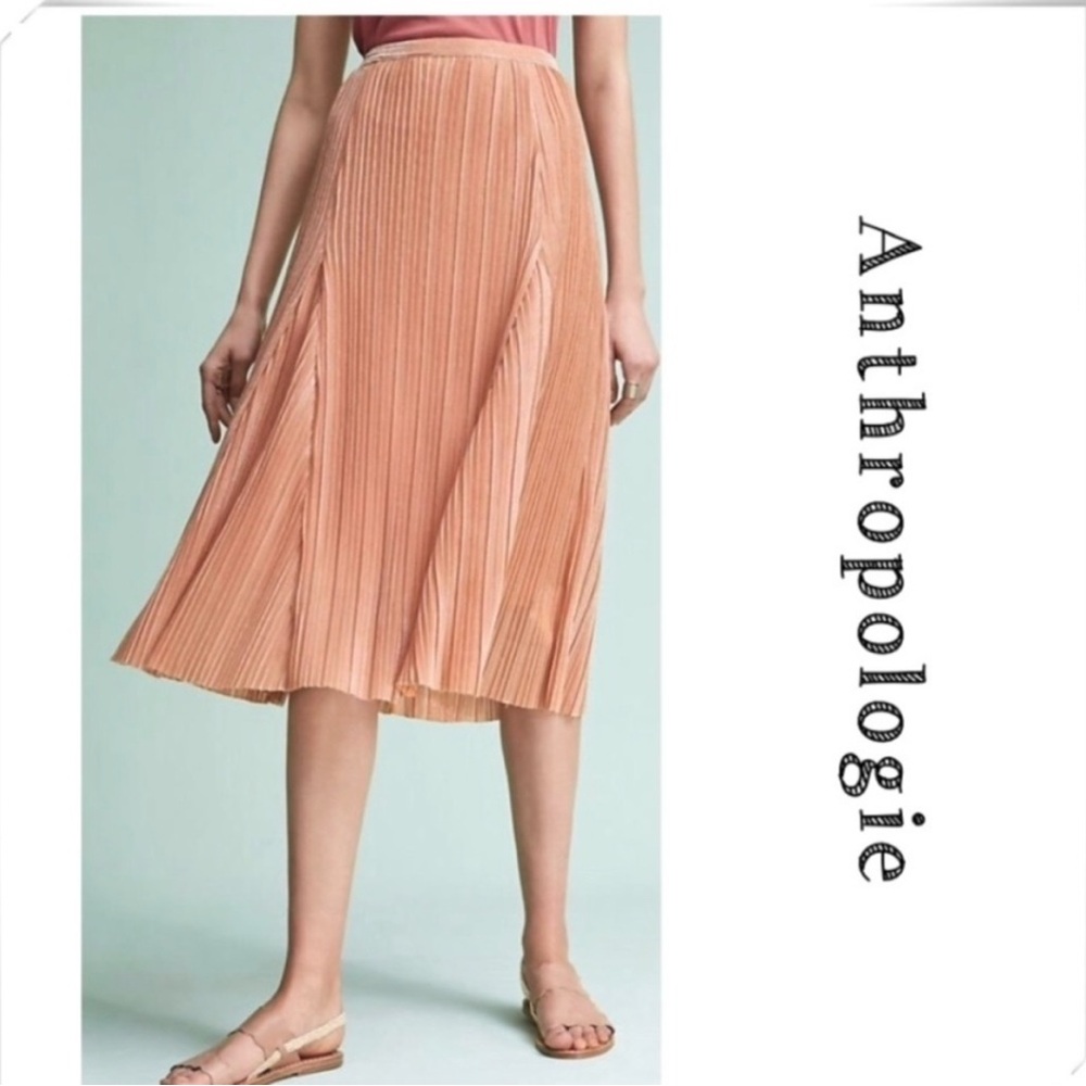 Anthropologie Maeve Ambra Pleated Midi Pink Metallic Skirt size S